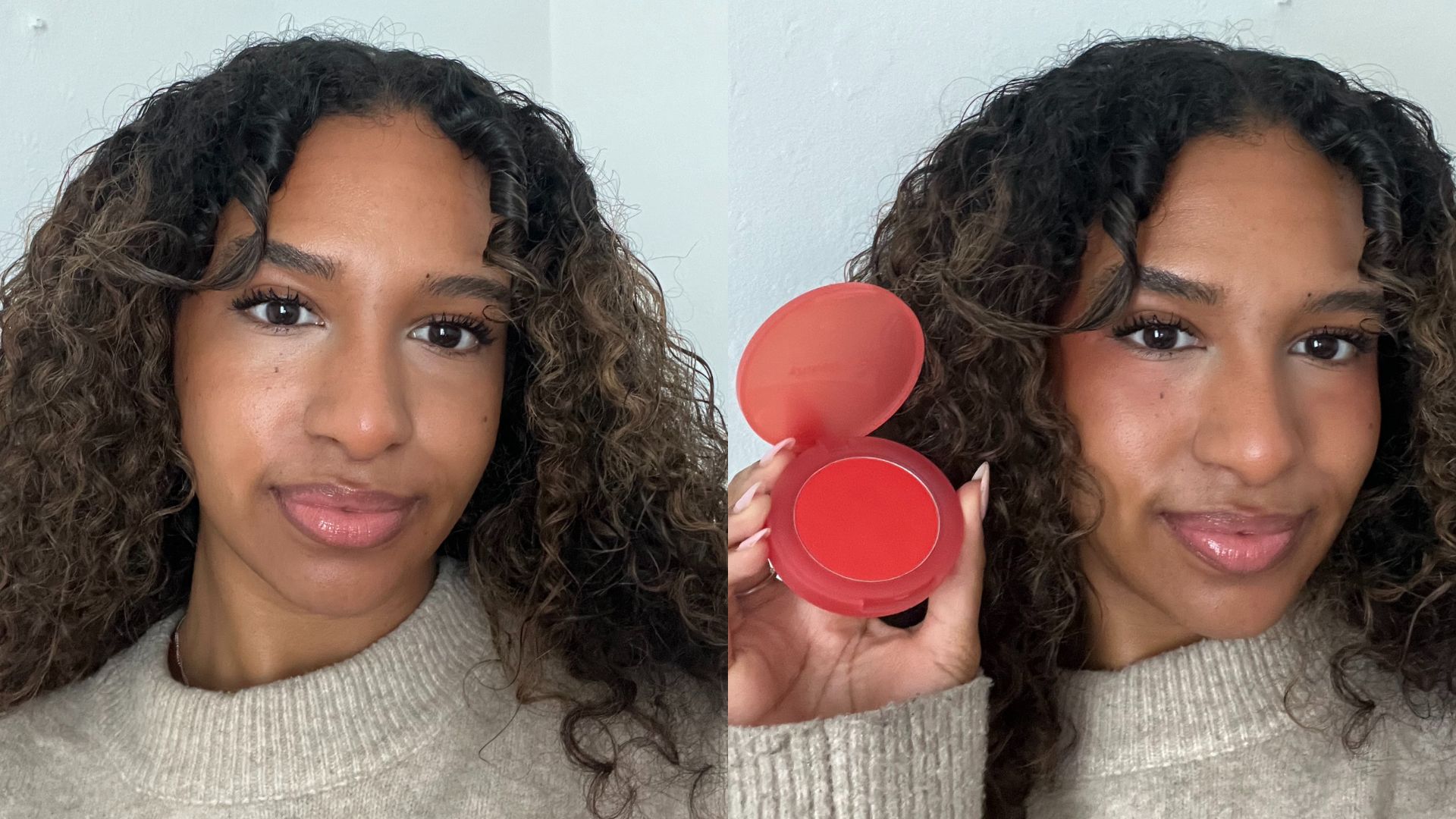 Melody before and after using Rare Beauty Bouncy Blush