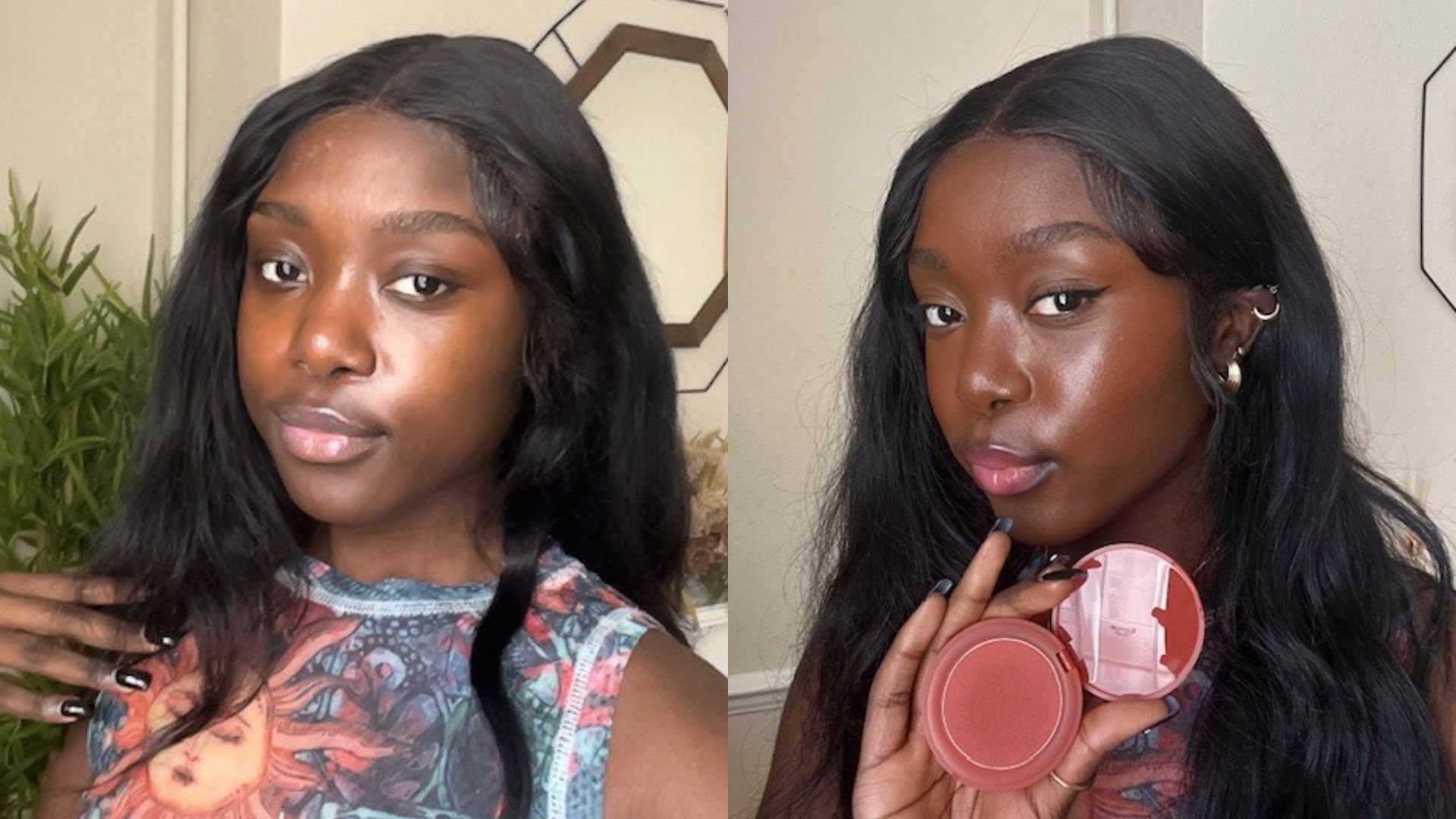Tanya before and after using Rare Beauty Bouncy Blush