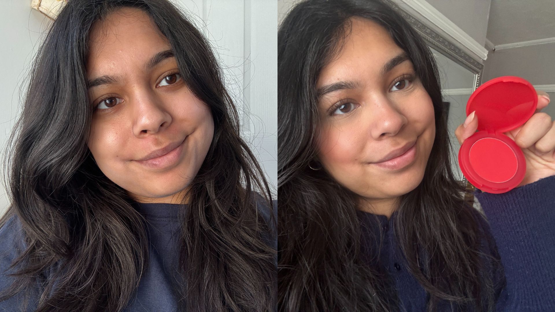 Nabilah before and after using Rare Beauty Bouncy Blush