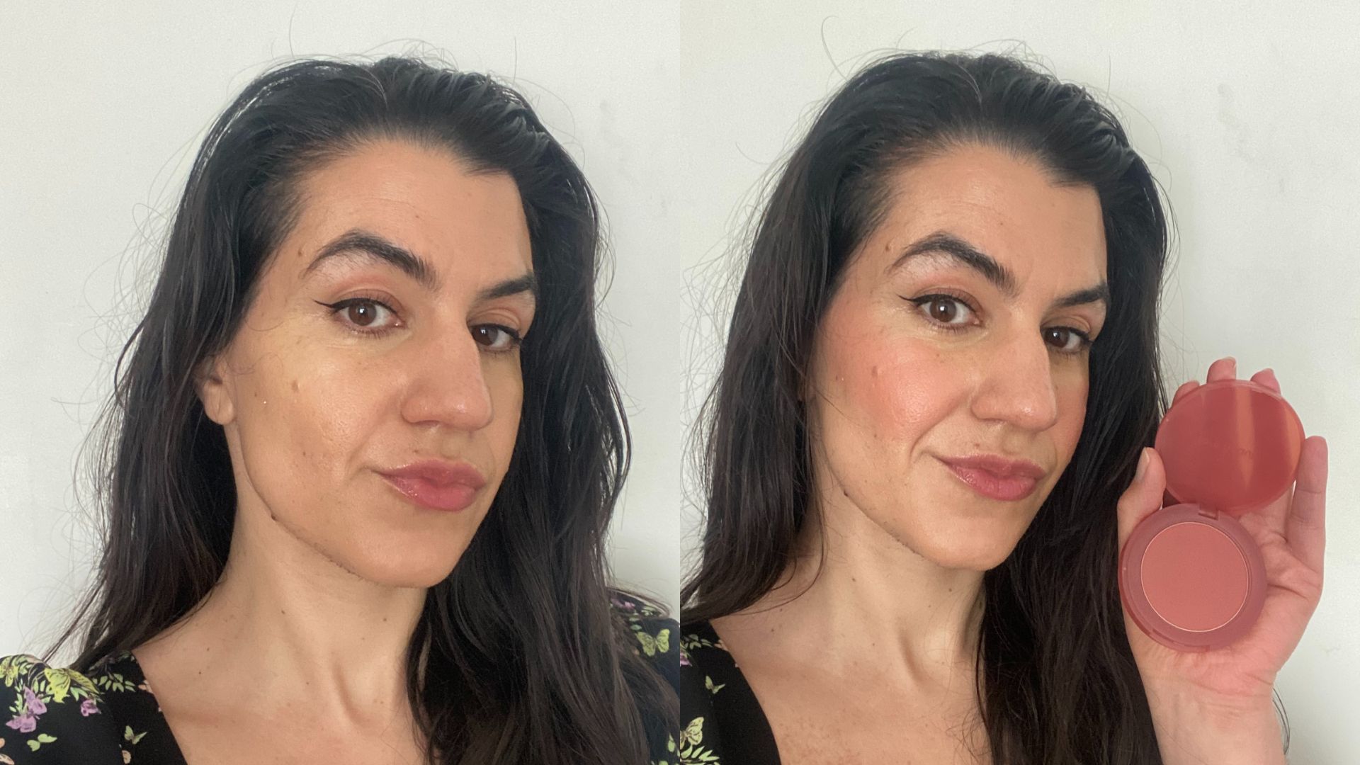 Vanessa before and after using Rare Beauty Bouncy Blush