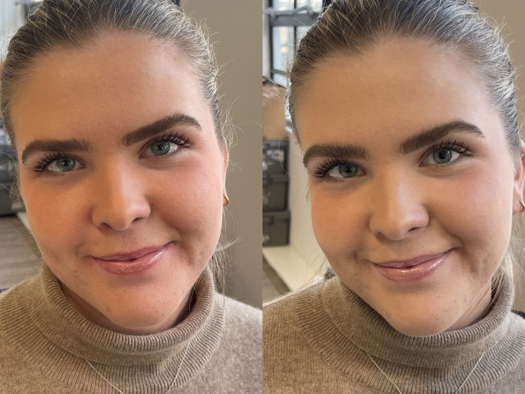 Victoria before and after Rare Beauty brow gel | Space NK Victoria before and after Rare Beauty brow gel | Space NK