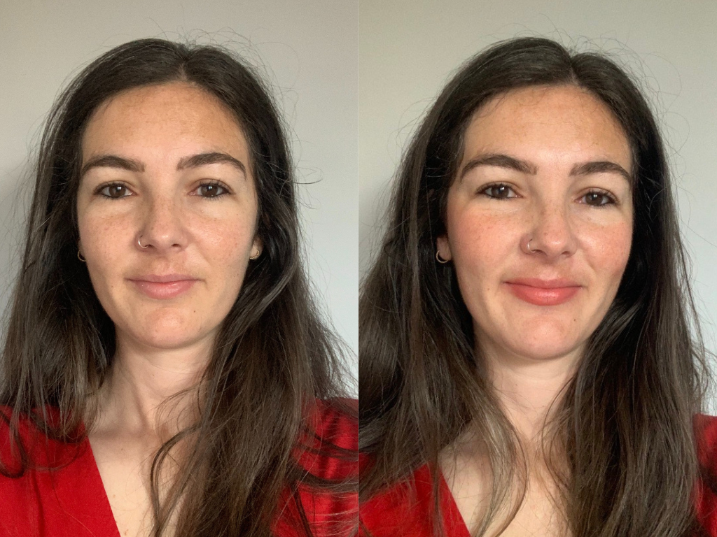 Rare Beauty Liquid Blush in Joy before and after | Space NK Rare Beauty Liquid Blush in Joy before and after | Space NK