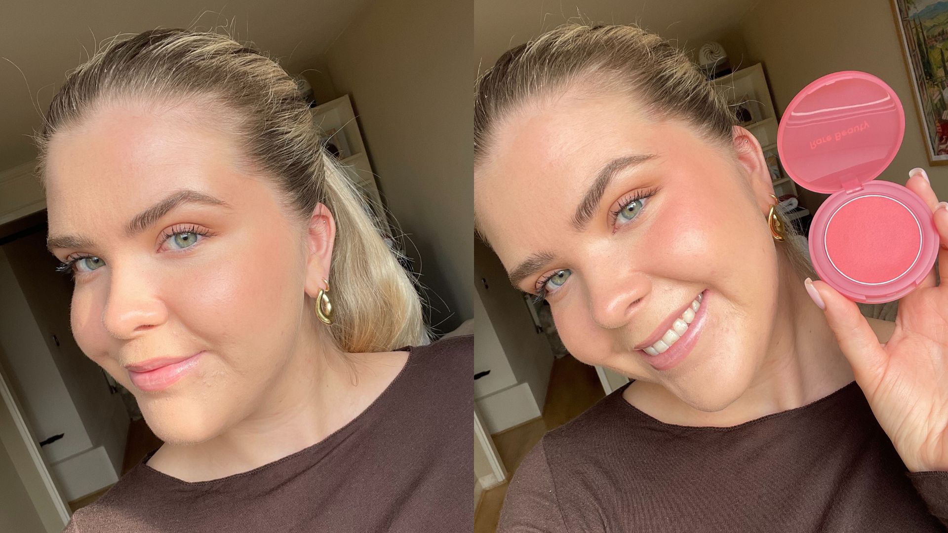 Victoria before and after using Rare Beauty Bouncy Blush