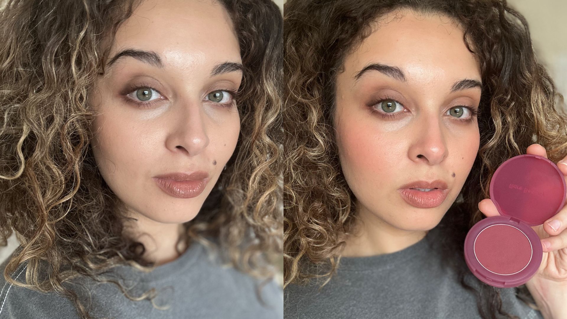 Ashlee before and after using Rare Beauty Bouncy Blush