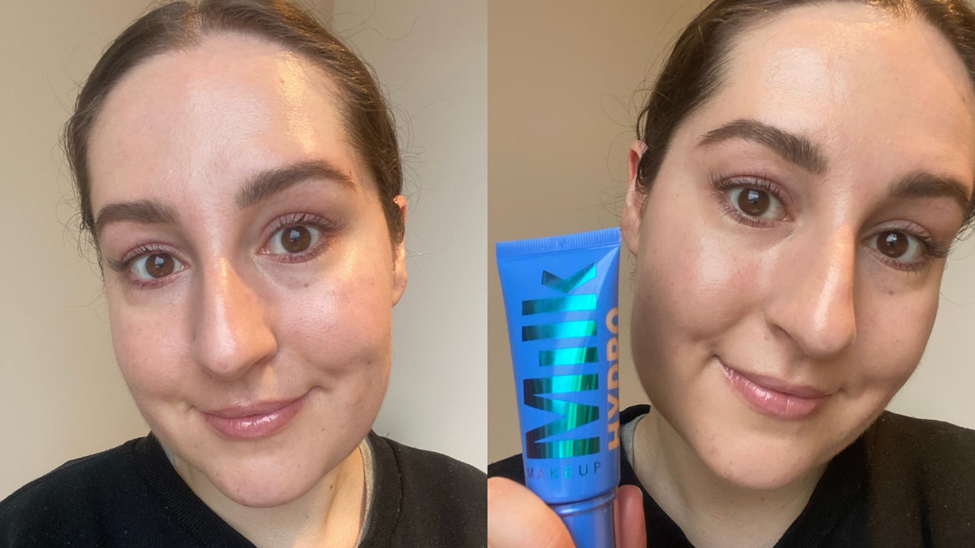 Yasmin before and after using Milk Makeup Hydro Grip Gel Tint | Space NK Yasmin before and after using Milk Makeup Hydro Grip Gel Tint | Space NK